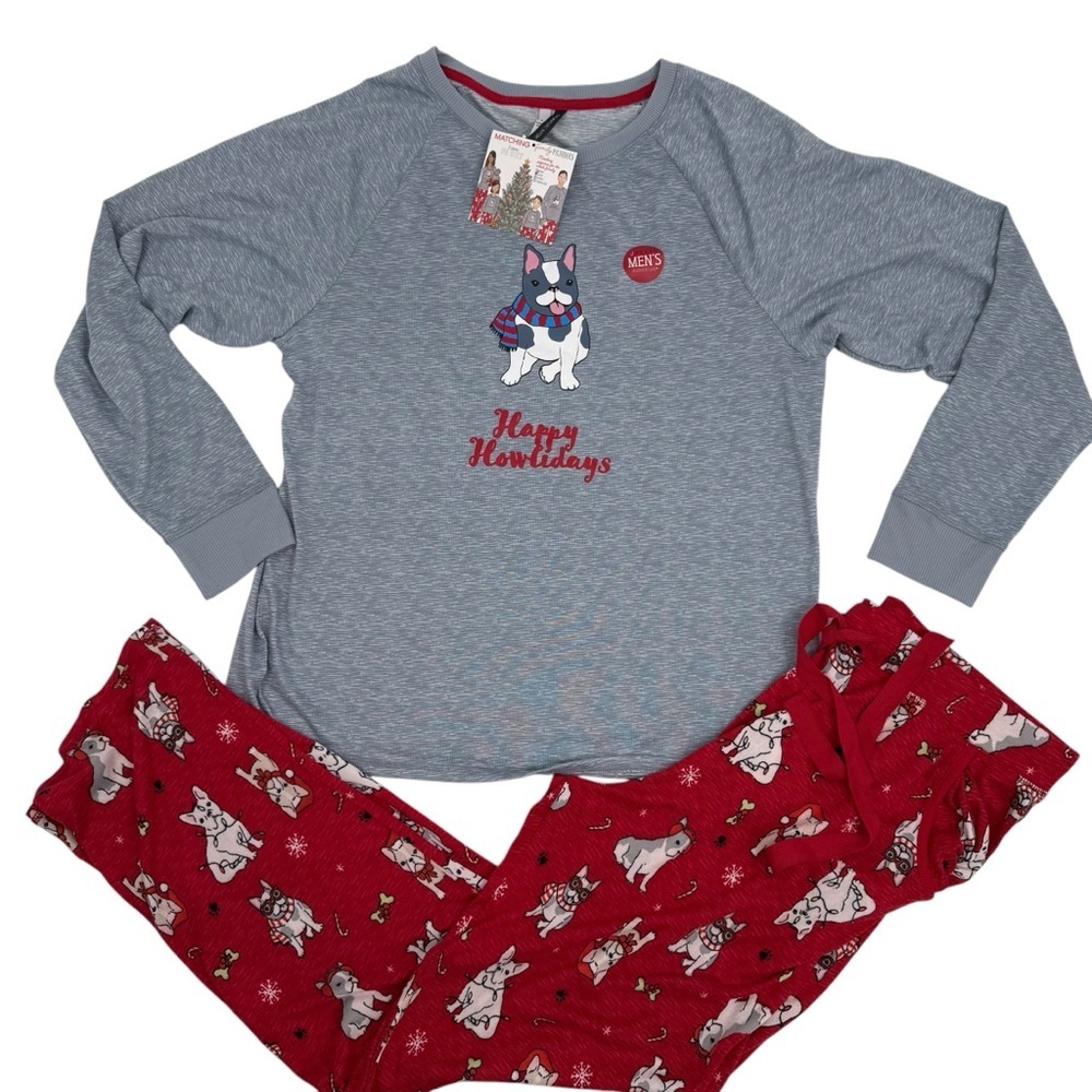 Men’s Bulldog Christmas Pajamas Set Size Large Red gray lightweight New